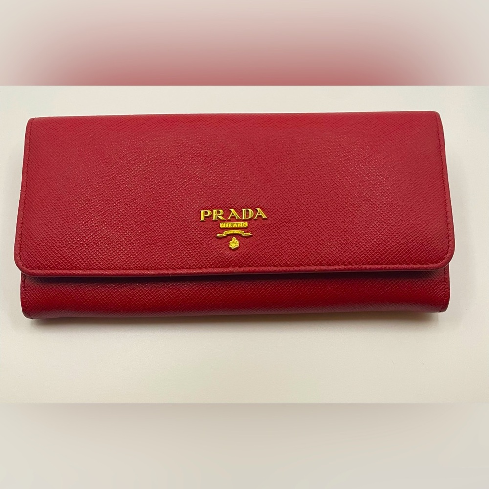 Prada - Saffiano Leather | Double Snap Long Wallet - Red | Gold Hardware